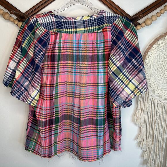 Pilcro Mixed Madras Flutter Sleeve Top - Picture 3 of 4